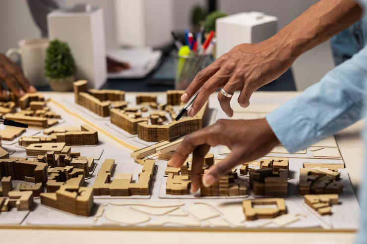 Maqueta de un desarrollo urbano sobre la mesa de proyecto.